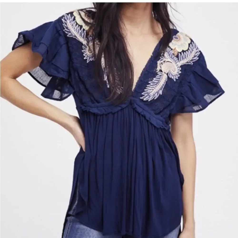 Free People Fiesta Nueva Tunic Top Embroidered Open-Back Blue Size Small